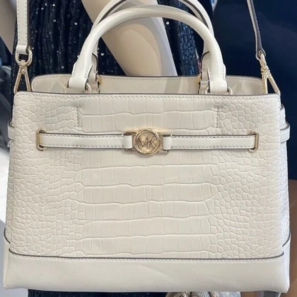 MICHAEL KORS Reed Large Leather Belted Satchel Crossbody Handbag Center Zip - Picture 1 of 3